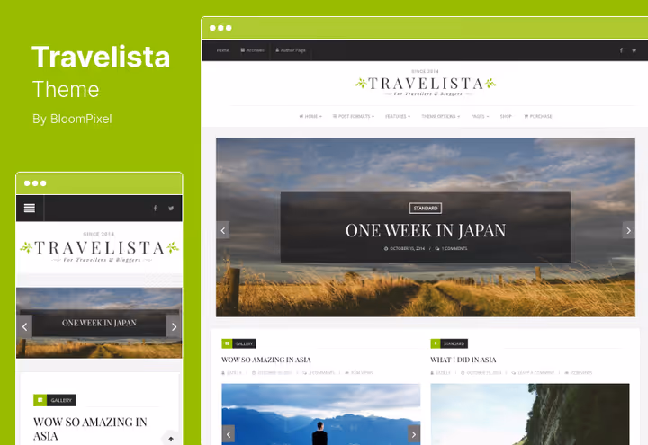 Screenshot of Travelista, blog theme with nine post formats including quotes
