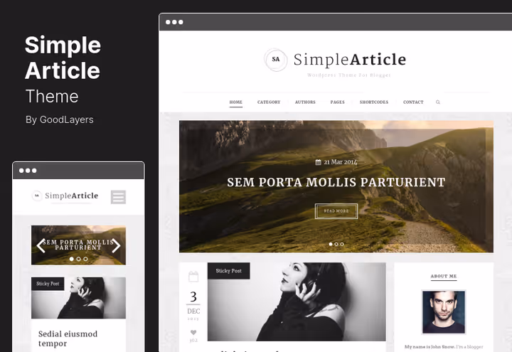 Screenshot of Simple Article, blog with quote format and four layout styles