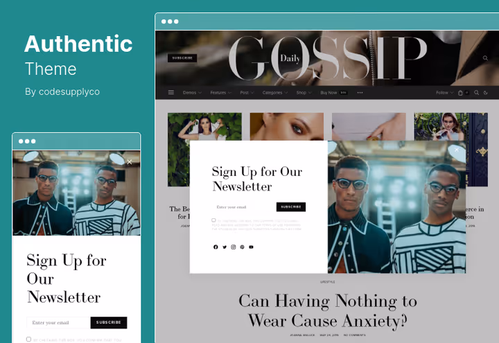 Screenshot of Authentic, lifestyle magazine with sharing button and video background