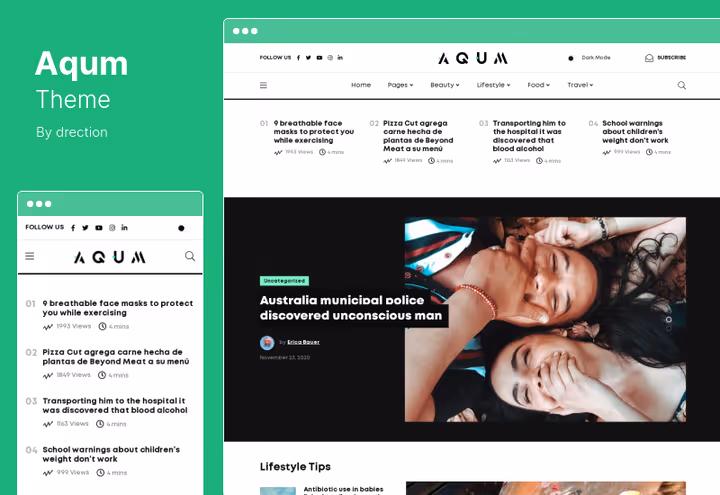 Screenshot of Aqum, modern WordPress magazine with WPBakery and SVG slider
