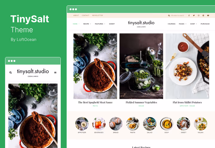 Демо темы TinySalt с плиточной сеткой рецептов