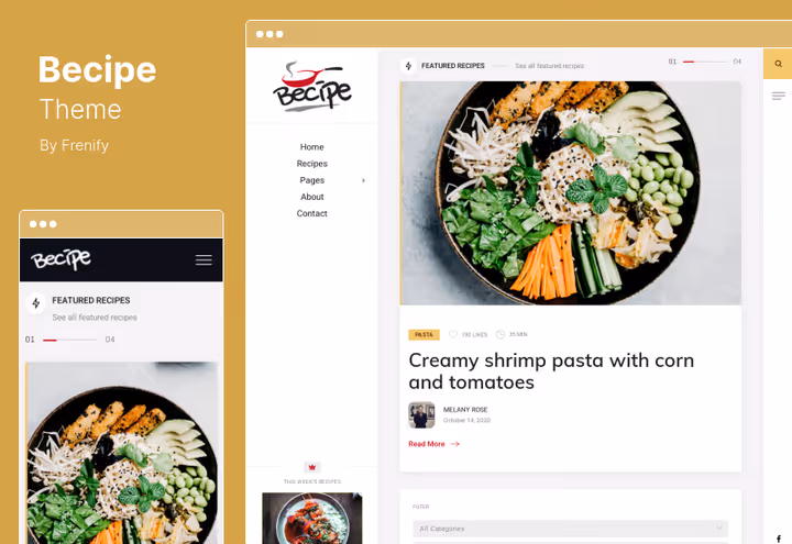 Демо темы Becipe с карточкой рецепта и боковой панелью