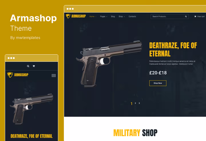 Página Armashop, loja de armas e munições no WordPress