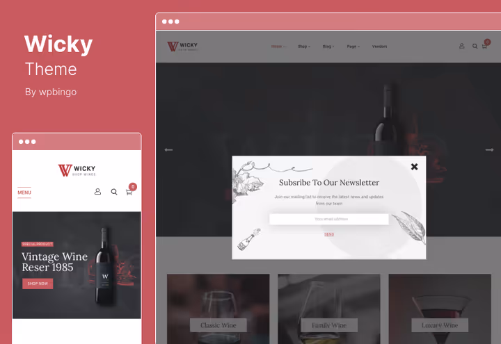 Veinipoe esileht Wicky WooCommerce'i teemas