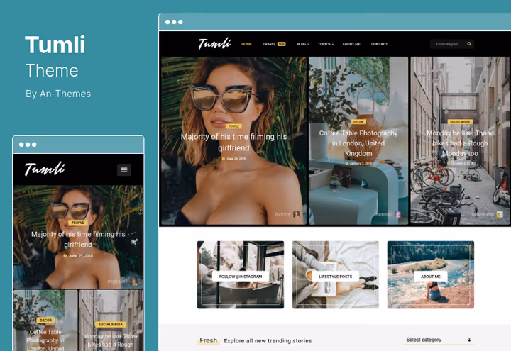 Tumli theme skjermbilde, mursteinsblogg med hover-zoom og annonseplasseringer