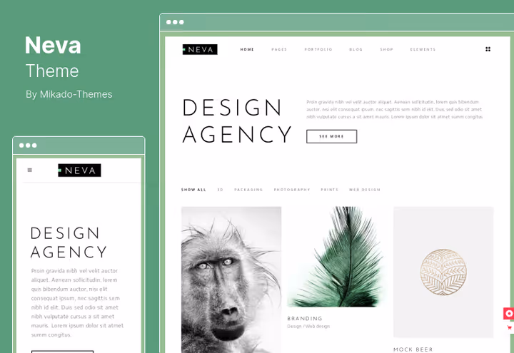Neva theme skjermbilde, flerbruksoppsett med Pinterest-aktig portefølje og WooCommerce