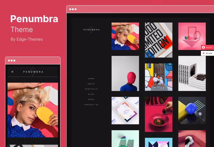 Penumbra theme skjermbilde, portefølje med WooCommerce-handlekurv og parallakseeffekter