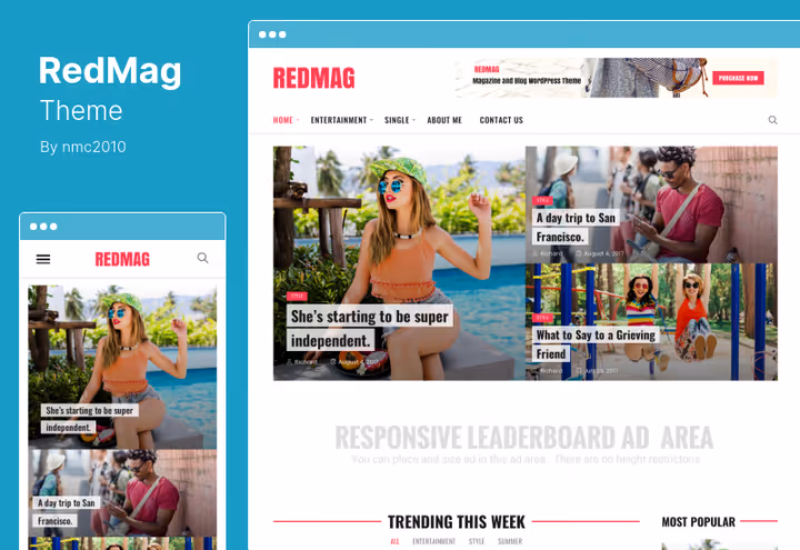 RedMag theme skjermbilde, nyhetsoppsett med AdSense-optimalisering og material design