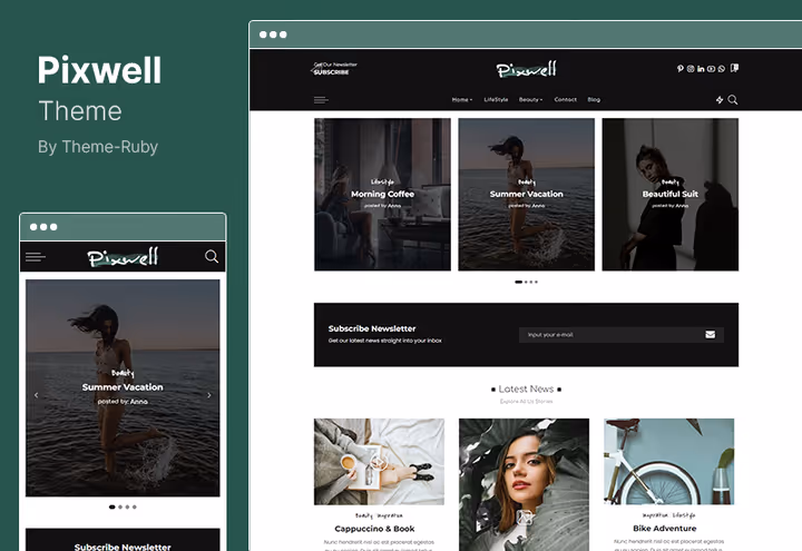 Pixwell theme skjermbilde, motemagasinoppsett med Ruby Composer og AMP-støtte