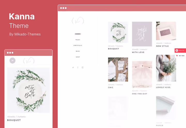 Kanna theme skjermbilde, elegant oppsett med vertikal og horisontal navigasjon