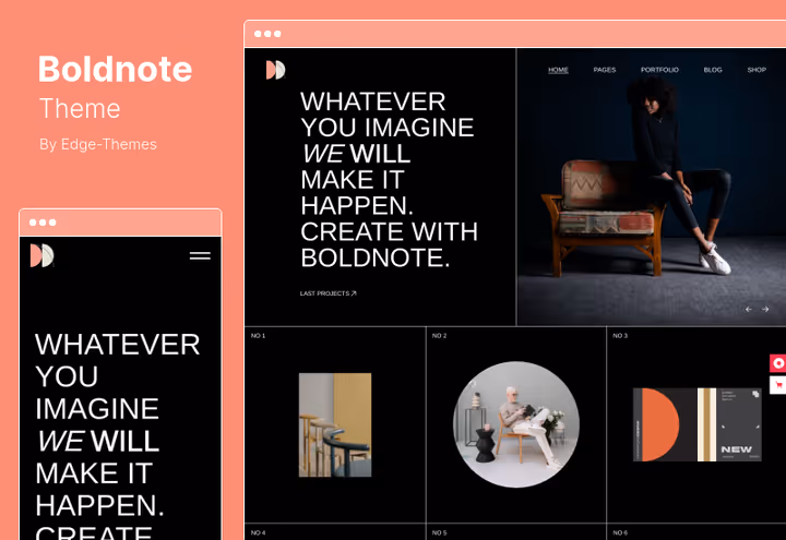 Boldnote-tema, porteføljebyrånettsted med animasjon og typografi