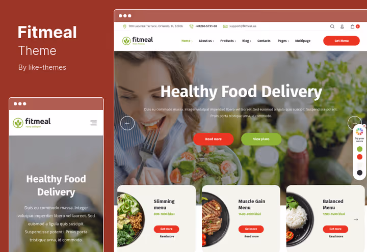 Скриншот теми Fitmeal із прикладом сайту доставки здорового харчування та meal prep програм
