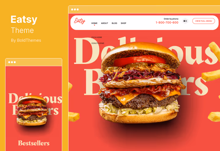 Інтерфейс теми Eatsy з таймером акцій і drag-and-drop редактором