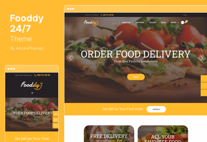 Тема Fooddy 24/7 з підтримкою двох page builder
