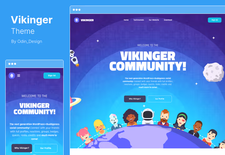 Тема Vikinger с геймификацией GamiPress и тёмным интерфейсом