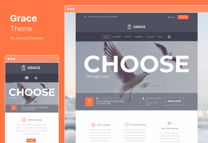 Grace-tema, kirke, religion og veldedighet på WordPress