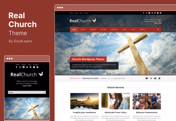 Responsivt Retina Real Church-tema for religiøse nettsteder