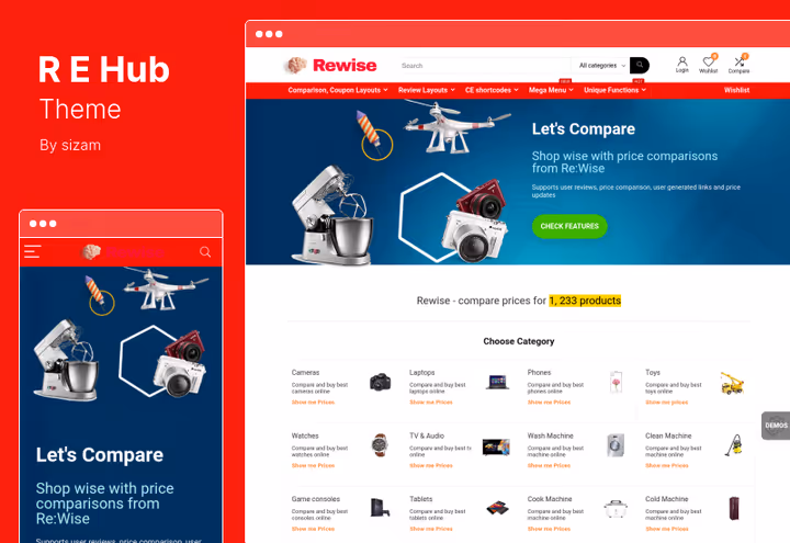 REHub-temaets hjemmeside med prissammenligningstabell
