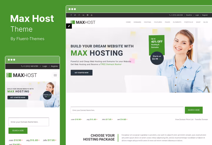 MaxHost hosting-temaets landingsside med WHMCS-pristabell