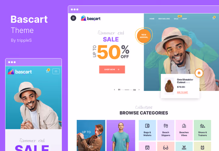 Bascart WooCommerce-temaets butikkforside med minihandlevogn