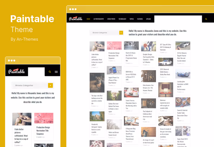 Rent Paintable-tema for fotoblogg med bildeopplasting fra frontend