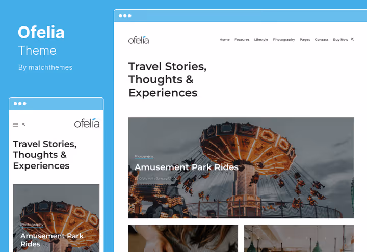 Minimalistisk reisetema Ofelia med widget-basert bunntekst