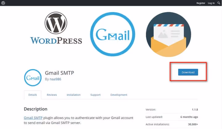 Страница плагина Gmail SMTP на WordPress.org