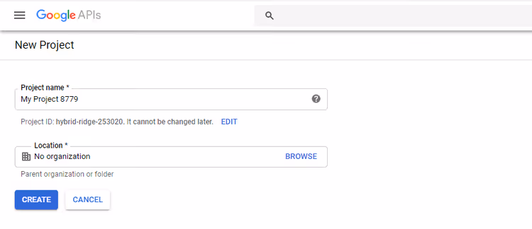 Создание нового проекта в Google Cloud Console