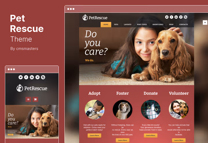 Скріншот теми Pet Rescue для притулків і благодійності WordPress