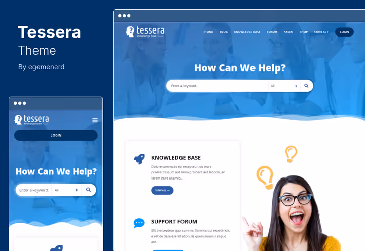 Tessera-tema, kunnskapsbase og støtteforum på WordPress