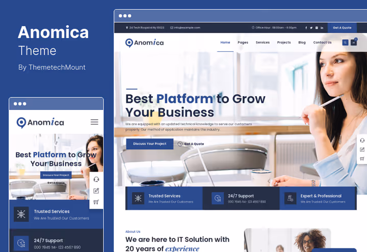 Anomica-tema, nettsted for IT-løsninger og -tjenester med Elementor og WPBakery