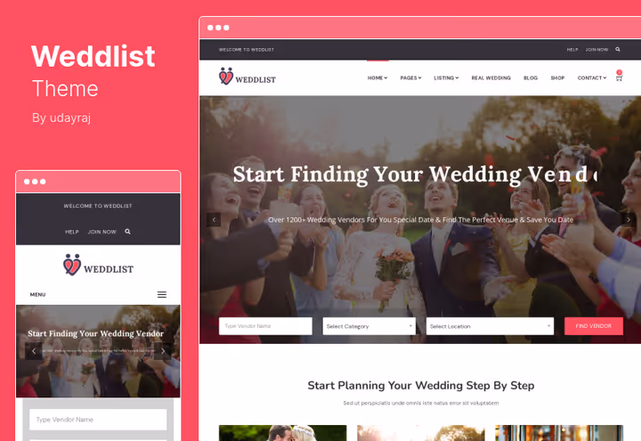 Каталог вендорів у темі Weddlist з фільтрами та пошуком