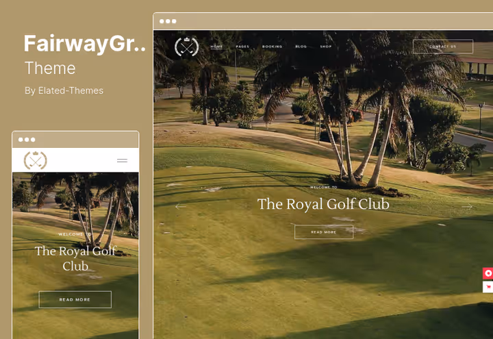 Captura de ecrã da página inicial do tema de golfe FairwayGreen com Elementor