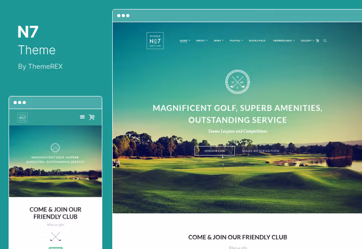 Captura de ecrã do tema de clube de golfe N7 com grelha de eventos desportivos