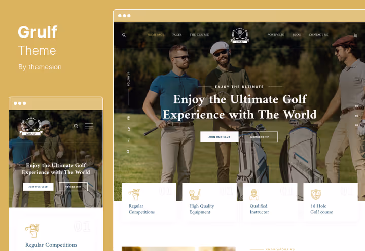 Página do tema de golfe Grulf a demonstrar definições de tipografia e cores