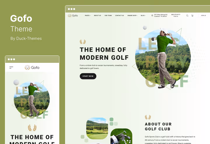Tema de golfe Gofo com WooCommerce e layout responsivo