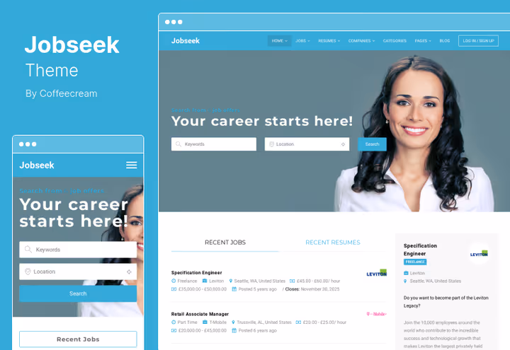 Jobseek, stillingsside med søkeknapp og beskrivelse
