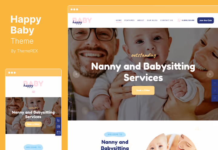 Happy Baby, página inicial de tema para agência de babysitters
