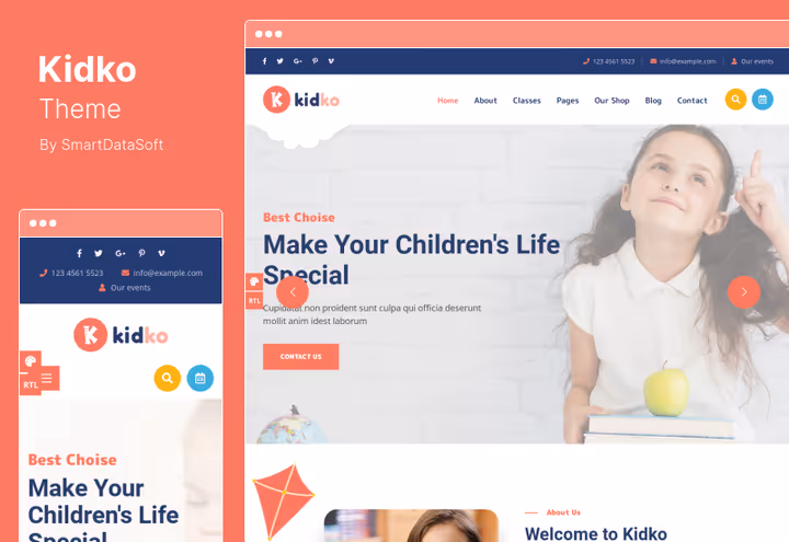 Kidko, tema para jardim de infância e cuidados de bebé com Elementor