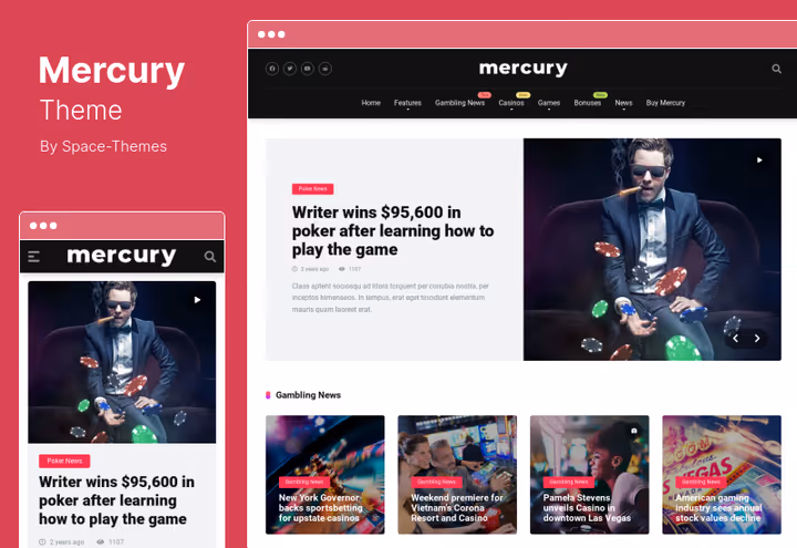 Главная страница темы Mercury для казино-аффилиат сайта с обзорами бонусов
