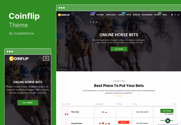 Дизайн темы Coinflip для казино-партнёрского сайта с рейтингами