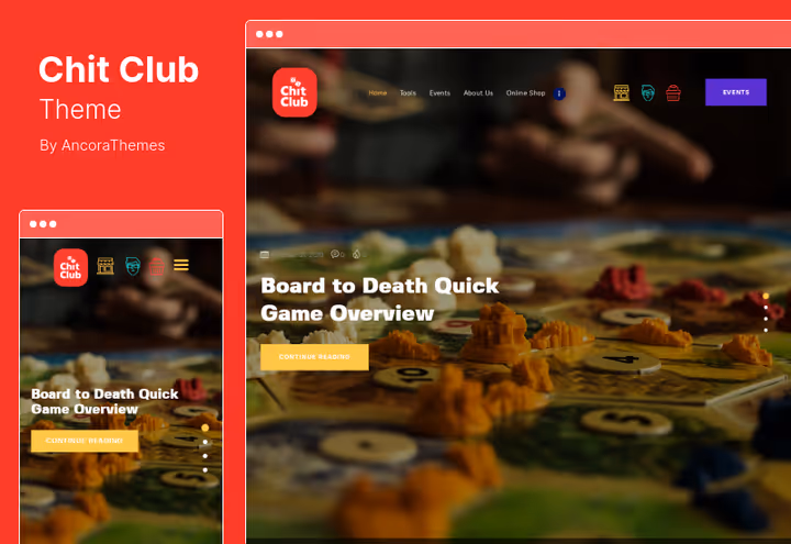 Дизайн темы Chit Club для клуба настольных игр с событиями
