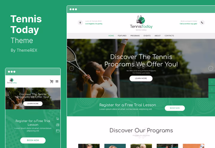 Дизайн темы Tennis Club для спортивной школы с календарём