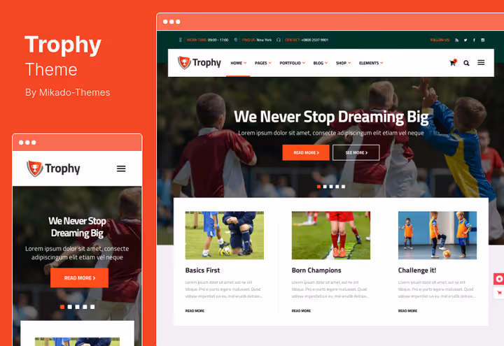 Дизайн темы Trophy для футбольного клуба с несколькими макетами