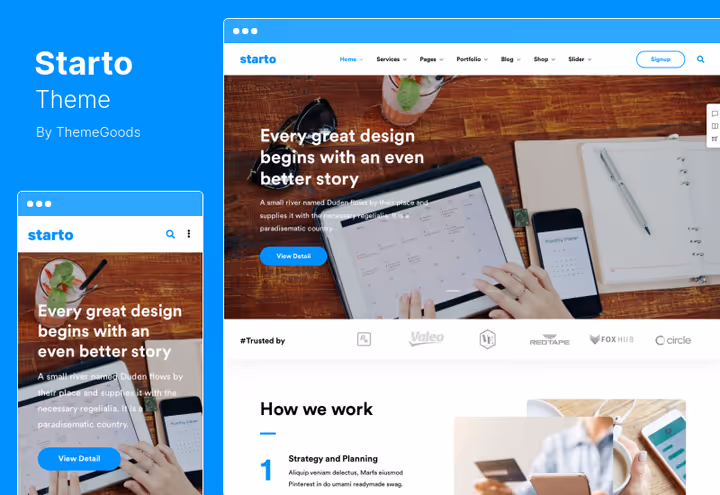 Starto homepage with service blocks and portfolio for IT companies