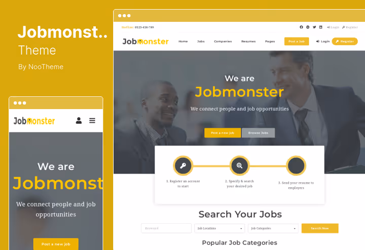 Демо-сайт Jobmonster з формою пошуку та списком вакансій