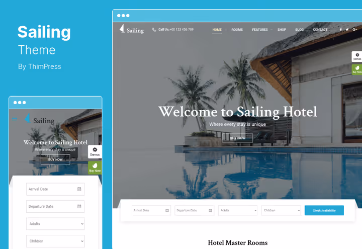 Sailing, WordPress hotelltema med dra-og-slipp