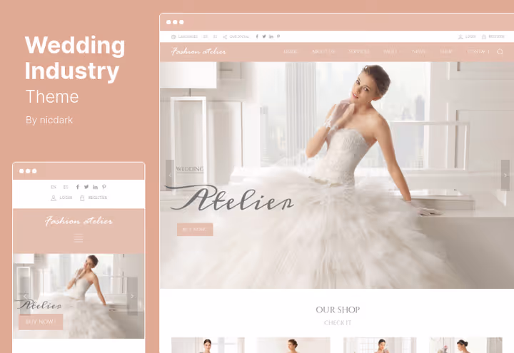 Tema Wedding Industry com Revolution Slider e grelha de 12 colunas