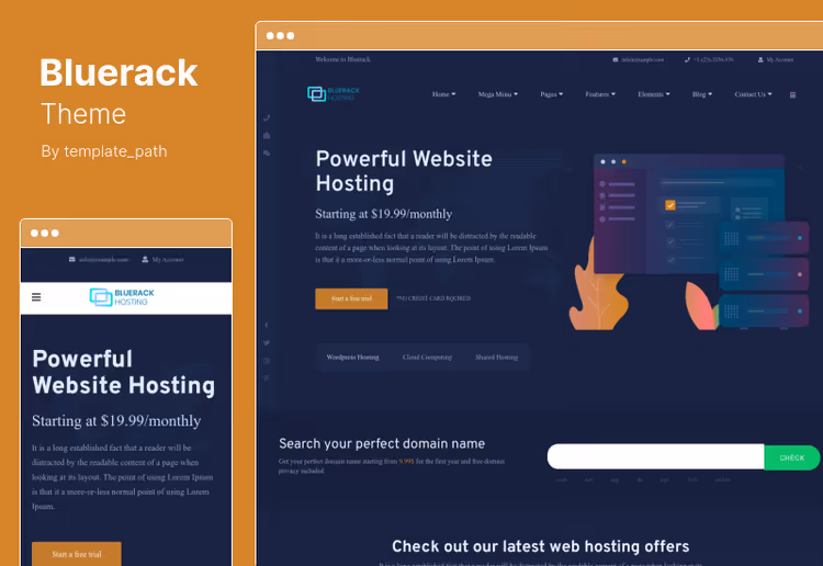 Bluerack-tema, moderne nettsidedesign for hosting med prispakker