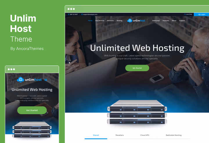 UnlimHost-tema, teknologidesign for nettside for hostingtjenester